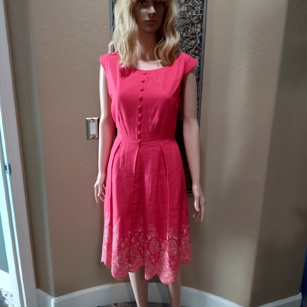 Ellen Tracy Fuschia Cap Sleeve Faux Button-Front Pleated Linen Midi Dress - Picture 1 of 7